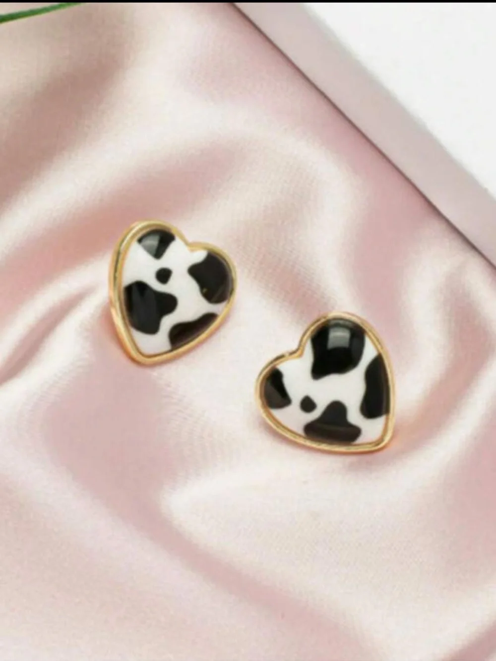 Heart Shaped Black & White Cow Print Stud Earrings